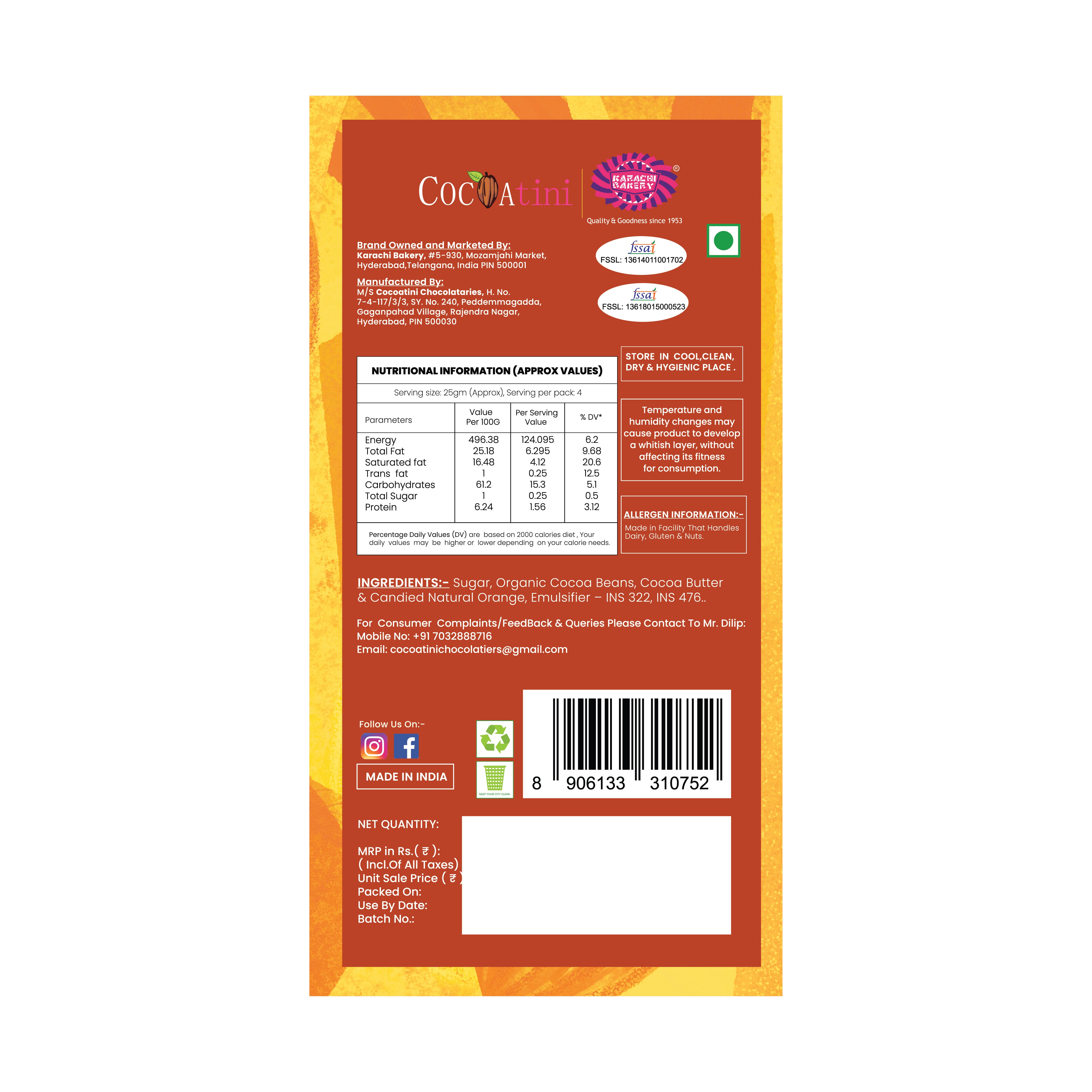 66% Dark Chocolate Bar with Orange (100g)