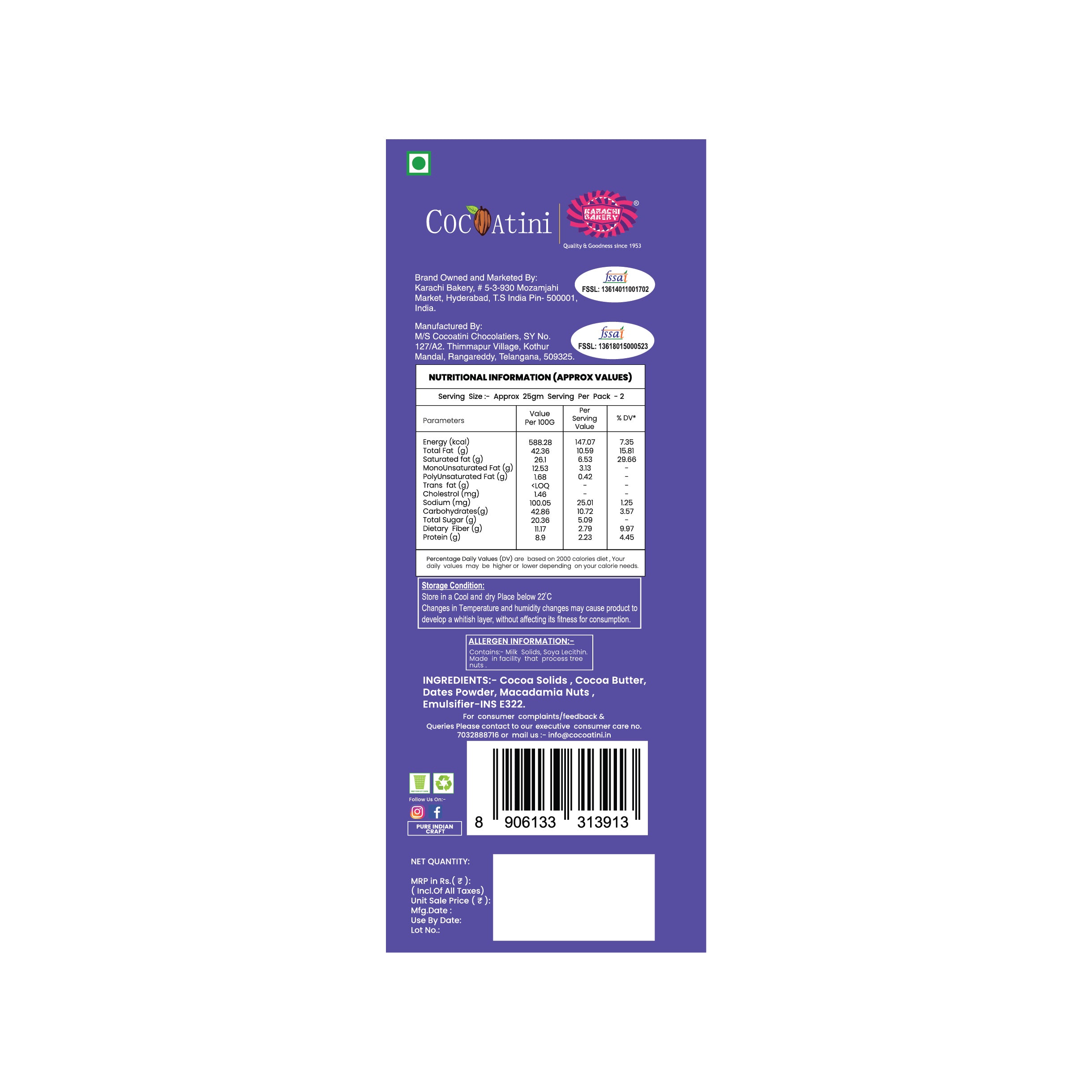 Craft & Conscious Bar - 70% Cocoa Dark Chocolate with Roasted Macadamia Nuts