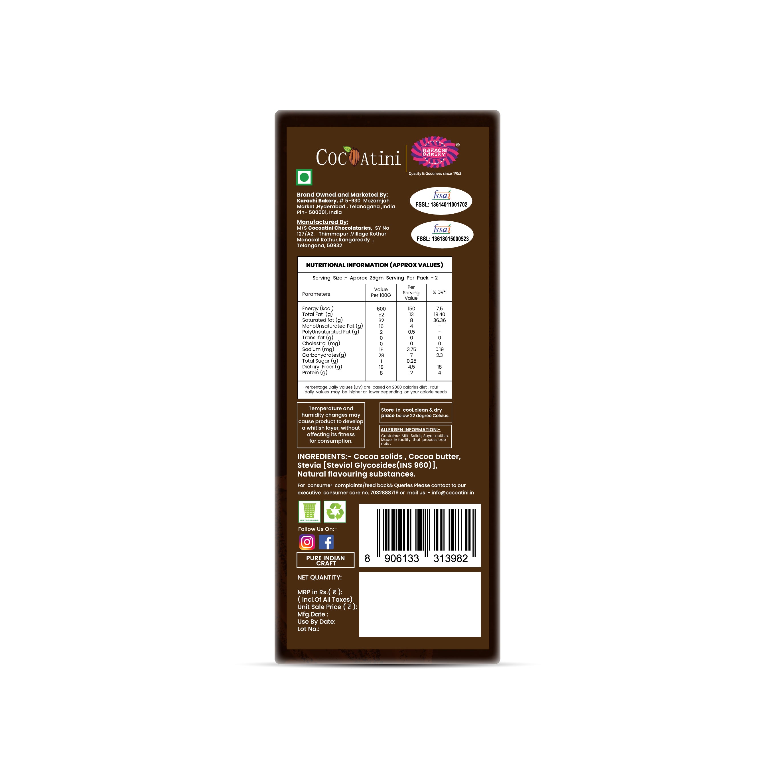 80% Dark Chocolate Sweetened with Stevia (50g)