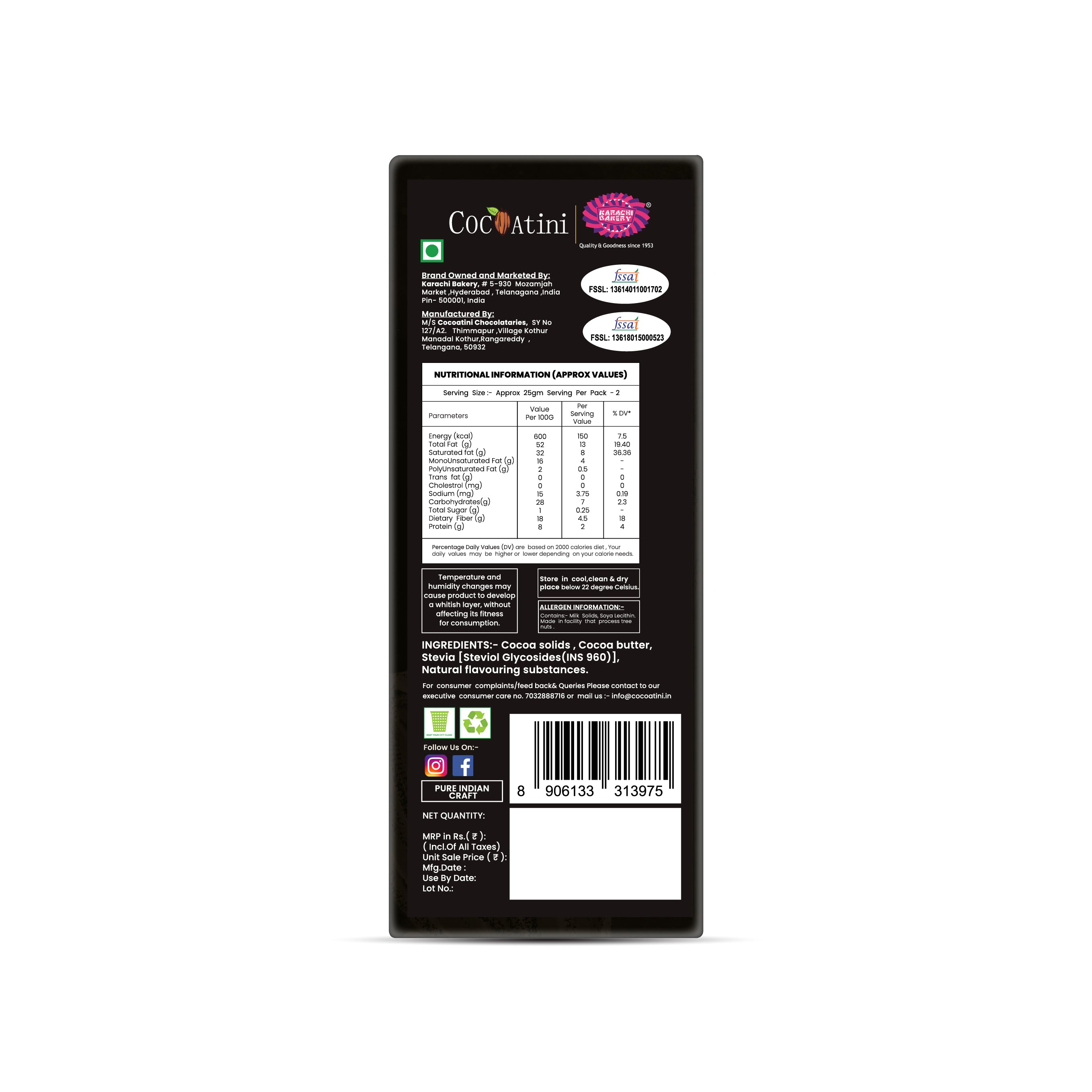 90% Dark Chocolate Sweetened with Stevia (50g)