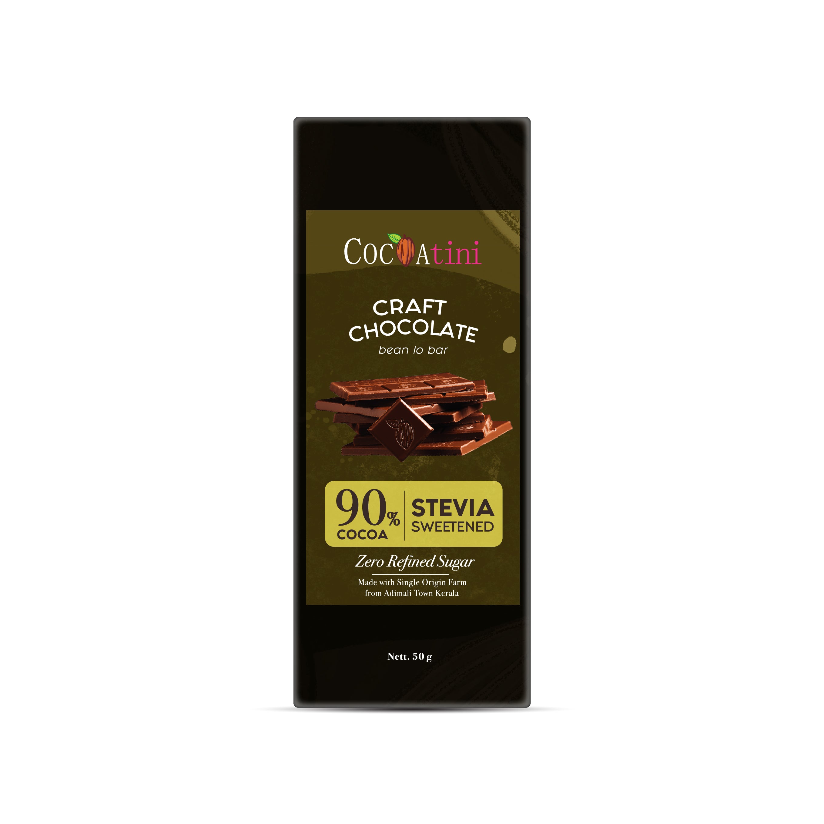 90% Dark Chocolate Sweetened with Stevia (50g)