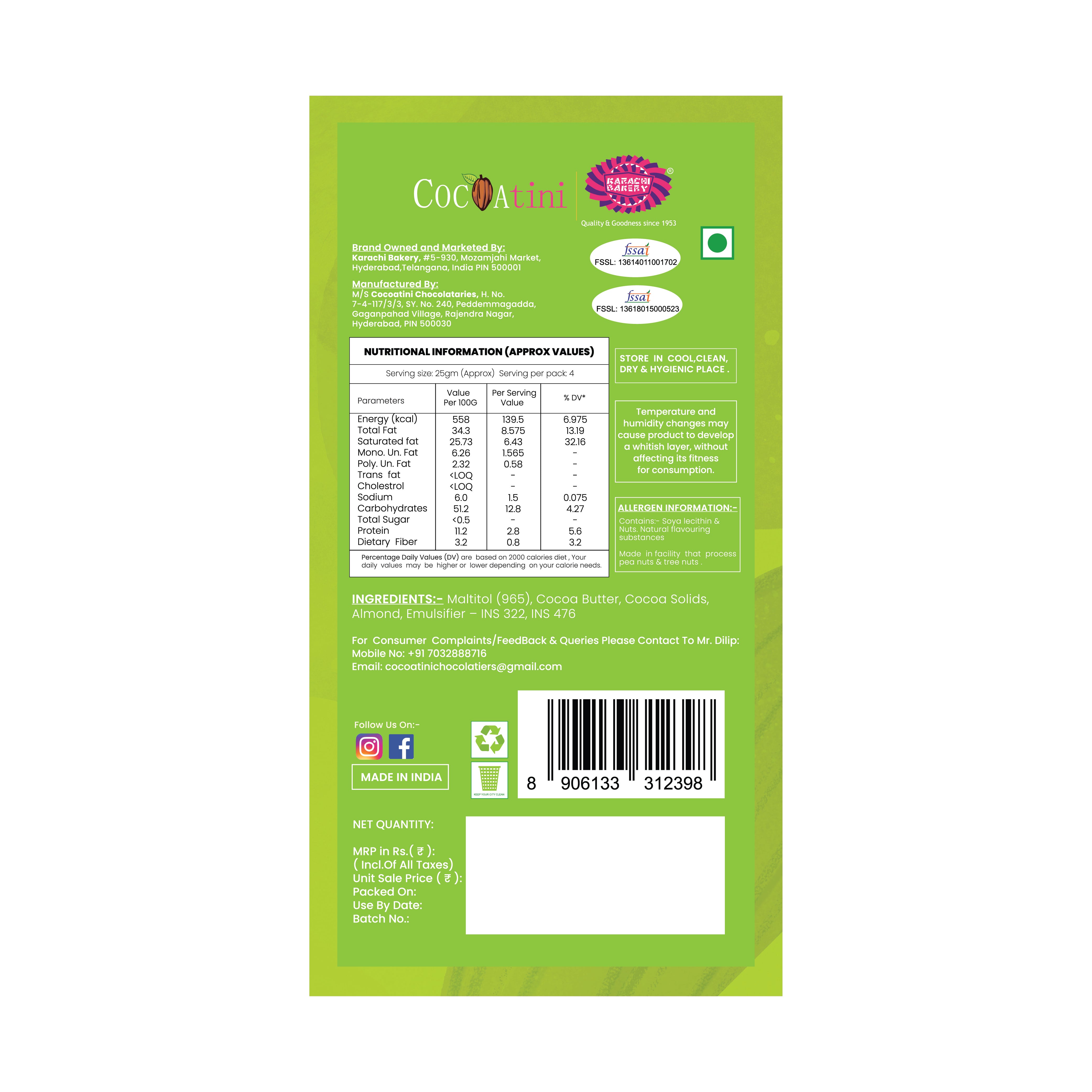 Sugar Free 50% Dark Chocolate Bar with Almonds(100g)